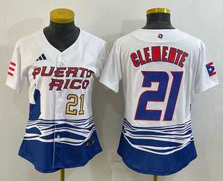 Women%27s Puerto Rico Baseball #21 Roberto Clemente Number 2023 White World Classic Stitched Jersey->2023 world baseball classic->MLB Jersey